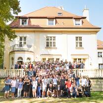 All students and teachers in front of the LEAF Academy building.