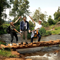 Interns take a pose picture while on hike during the midterm retreat
