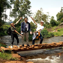 Interns take a pose picture while on hike during the midterm retreat