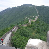 Great Wall of China stretches across green trees