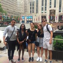 Students hanging out in Rockefeller Plaza.