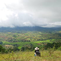A woman squats in the grass and looks out over the rice fields below. 