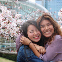 Students enjoying the cherry blossoms