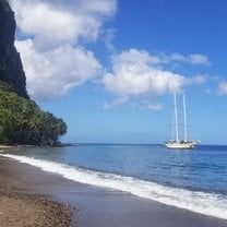 Looking from the beach at Argo, moored here in St. Lucia.