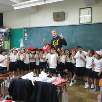 Introducing Japanese elementary school kids to language club activities.  It was easy making friends in Japan, particularly with Japanese children!