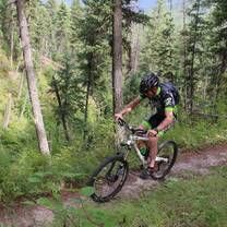guy mountain biking on trail in woods
