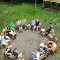 Enjoying a drink break in camp after some hard work