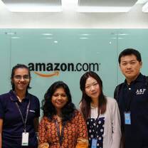 Bussiness interns from internship in china program taking photos with co-workers in amazon's office