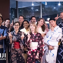 Trying on traditional Japanese Yukata with our Meiji Interns