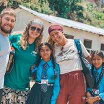A few of the other volunteers and I with the children on Gorkha right before we taught them classes in courses such as English, Math, Social Studies, etc