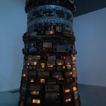 This is a tower built of every kind of radio in the world.