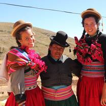 Dressed like locals in Lake Titicaca
