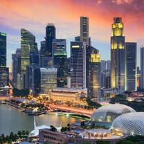 City of Singapore buildings at sunset.