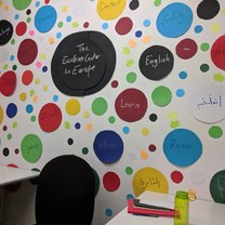 Photo of the wall at the Excellence Center, decorated with words in 3 languages
