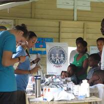Volunteers helping at a mobile clinic. 