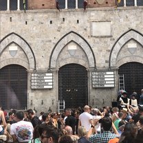 Before Palio, more than one hundred horses are brought to Siena and tested around the Palio course. Finally, ten are selected to run. The horses are assigned to the contrade at random, by a drawing. This is the board where the horses are paired with their contrada, for the July 2019 Palio race.