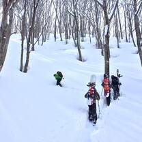 Gap year snowboarders hiking through snow in Japan.