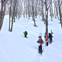 Gap year snowboarders hiking through snow in Japan.
