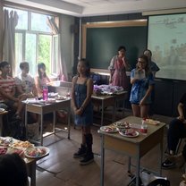 In class playing a game to review our Chinese