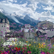 Views of the glacier and snow-covered peaks in Chamonix