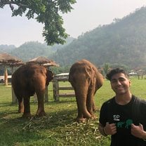 Our first elephant walk and me posing with two older elephants 