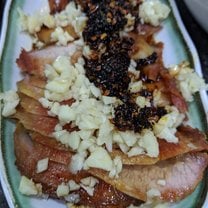 Plate of sliced, roast pork in a noodle shop. Somewhere near Mong Kok