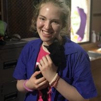 A female young adult in a blue veterinary lab coat holds a kitten in an Elephant Nature Park cat clinic.