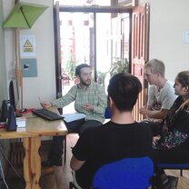 Students learn Spanish using multi-media tools A small group class in Quito