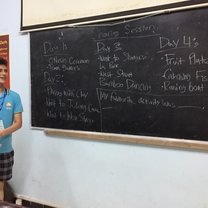 In front of a blackboard