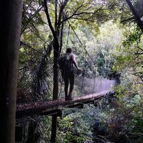 Me walking across a bridge during a hike in the Tararua range.