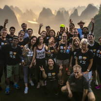 Group trip to Husband Mountain! Students stand infront of the Karst landscape of Yangshuo
