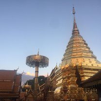 This is a photo of the most popular temple in Chiang Mai, called Wat Doi Suthep. It can only be reached by a somewhat frightening ride up the mountain, but the trip is well worth it. 