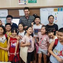 Eddie and one of his classes in an English centre in Vietnam.