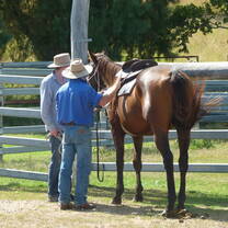 An instructor teaching a student about saddling up a horse