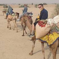 The team riding camels in the desert