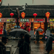store fronts adorned with chinese lanterns