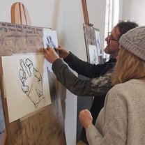 Myself getting direction from our charcoal workshop teacher, artist Michael Wann