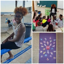 Here is a picture collage of me at the beach in Alicante, circle time with a group of my kids from the school, and a decoration they made for "Stop violence against women" day.  