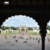 From the inside of Mysore Palace, a stop on our weekend to Mysore and Coorg. Yellow arches and blue skies.