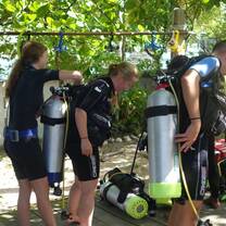 Teamwork works.  Volunteer marine conservation divers preparing to dive in the Caribbean Sea