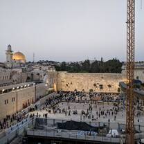 View of the Western Wall, center, and the Al-Aqsa Mosque to the left
