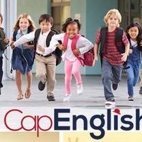 CAPENGLISH logo beneath kids running