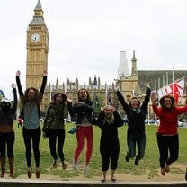 Students jumping in front of Big Ben in London
