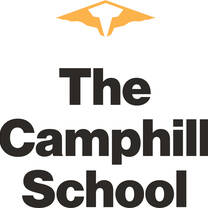Yellow Camphill Logo: a roof or wing like image, with a white center in the middle. In black bold letters: "The Camphill School"