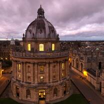 The Radcliffe Camera at dusk, as viewed from the tower of the University Church of St. Mary the Virgin