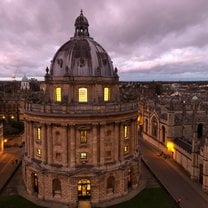 The Radcliffe Camera at dusk, as viewed from the tower of the University Church of St. Mary the Virgin