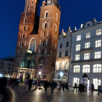 At one of the outdoor restaurants in Rynek with friends celebrating a birthday. The night was too beautiful to not take some shots of the basilica.