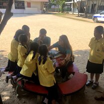 My teaching partner and I with some of our Thai students during recess! We taught kids 4-13. My teaching partner and I with some of our Thai students during recess! We taught kids 4-13.