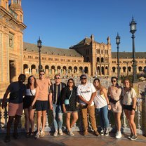 Students pose in the famous Plaza de España