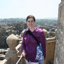 Enjoying views of Cairo from the high minaret of a mosque in Islamic Fatimid Cairo.